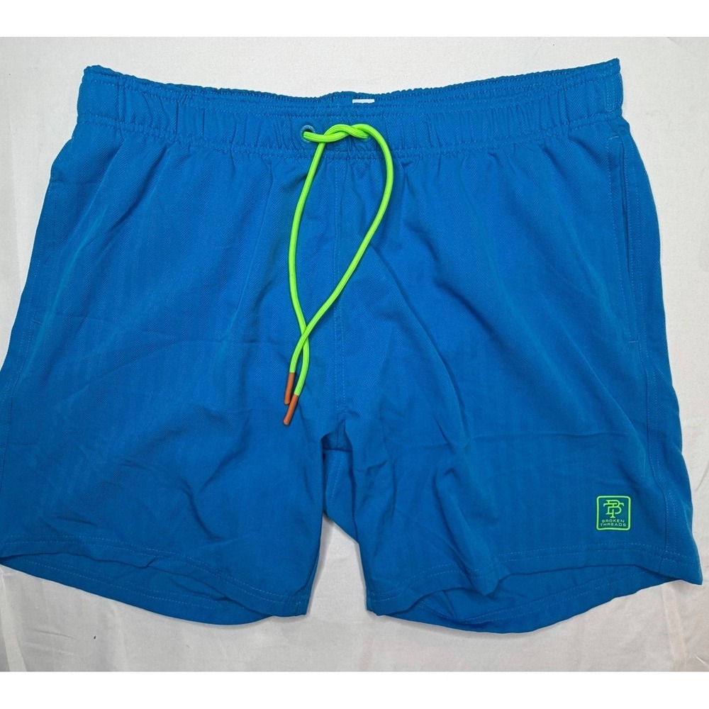 Broken Threads Blue Swim Trunks Men's XL Lined Beach Shorts Neon Pockets‎